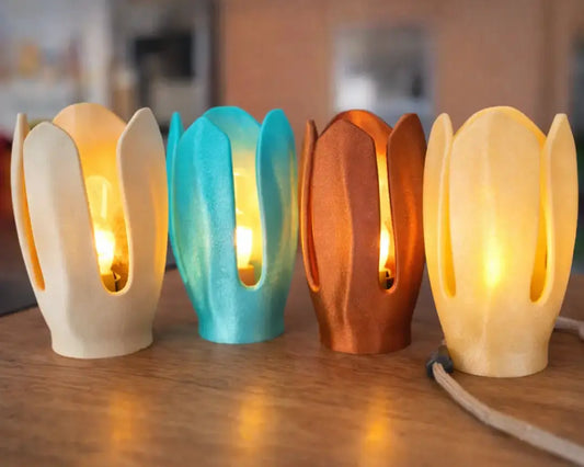Lampe tulipe en impression 3D texturée, ampoule LED basse consommation à lumière douce et câble d'alimentation tressé en corde.
